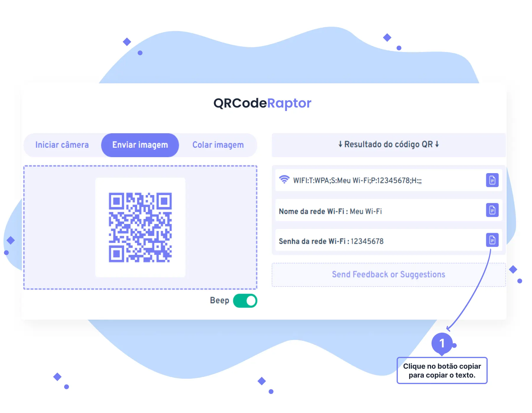 Instruções para copiar o texto decodificado do código QR