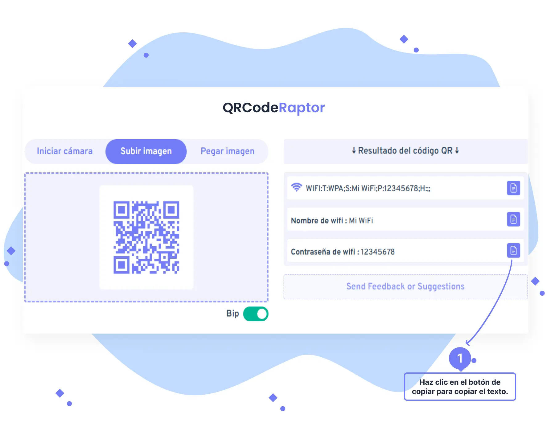 Instrucciones para copiar el texto decodificado del código QR